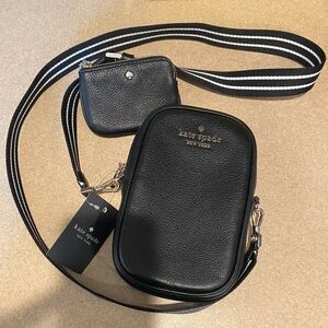 Kate Spade Black Pebbled Leather Crossbody Phone Bag w/ Clipped Coin Purse NWT